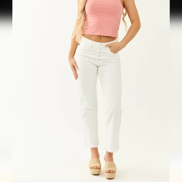 KanCan women's Straight Leg jeans Crop frayed Hem button fly, white, 7/27. - Picture 3 of 16